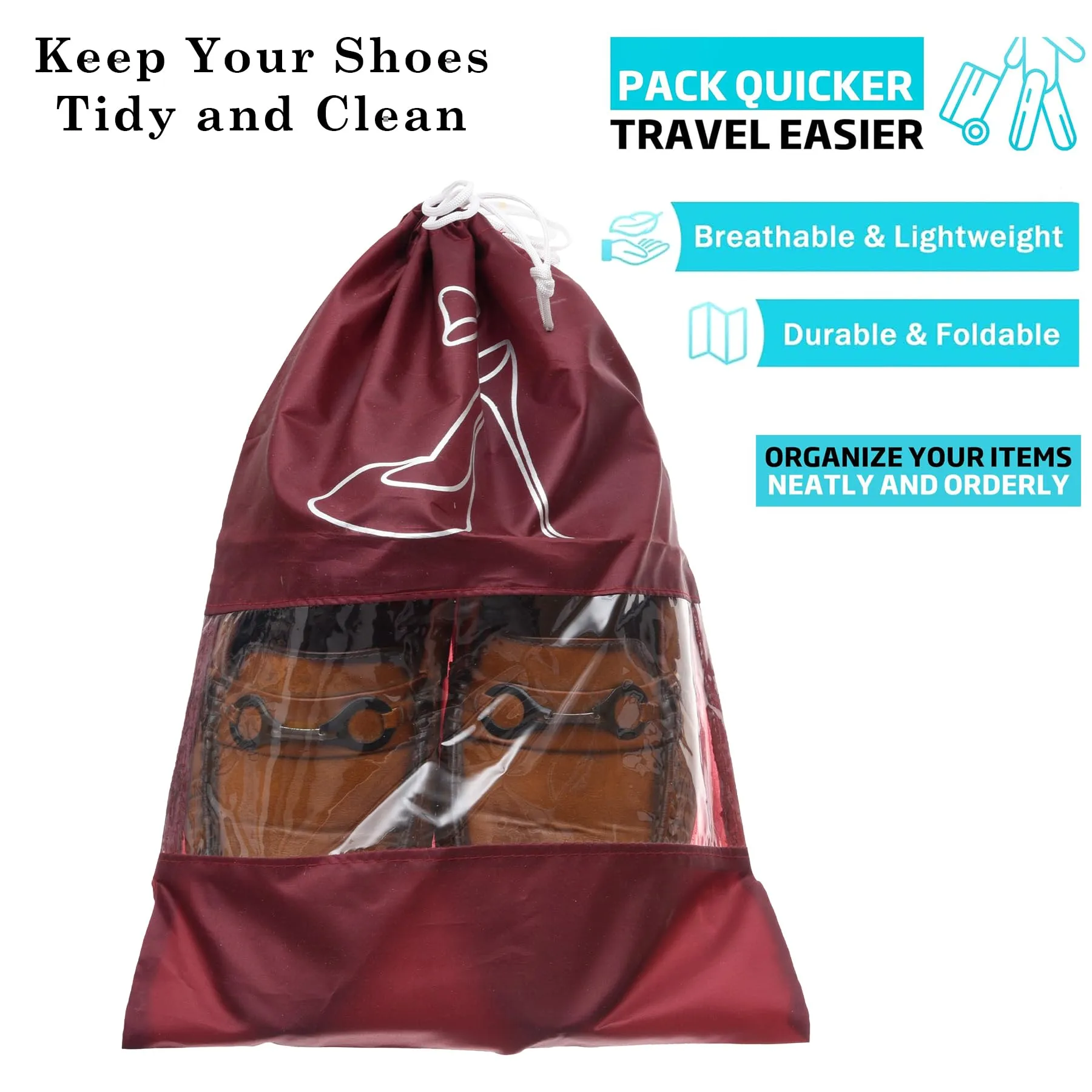 Kuber Industries Shoe Cover | Travel Shoe Storage Bags | Polyester Storage Bags | Drawstring Shoe Cover | Clear Transparent Shoe Storage Organizer | Pack of 12 | Maroon