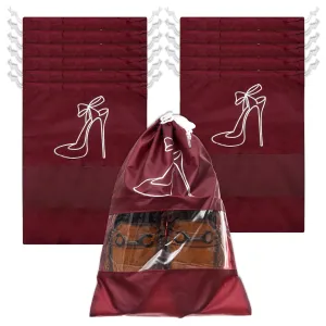 Kuber Industries Shoe Cover | Travel Shoe Storage Bags | Polyester Storage Bags | Drawstring Shoe Cover | Clear Transparent Shoe Storage Organizer | Pack of 12 | Maroon