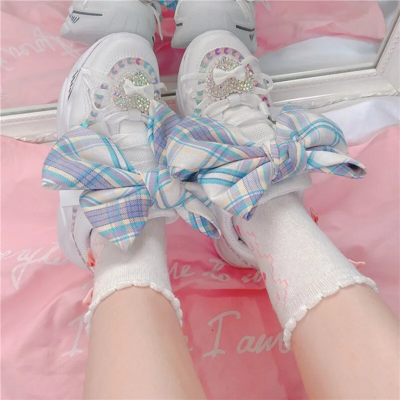 Lolita Plaid Bowknot Sweet Girly Style Thick-soled Casual Sports Shoes Breathable Flat Platform Shoes kawaii shoes loli cosplay