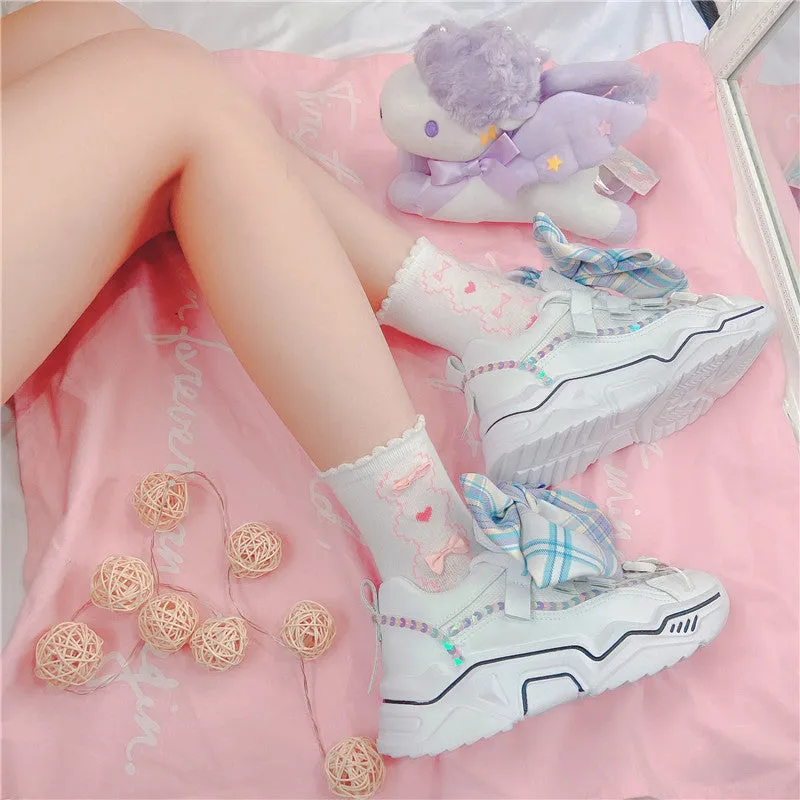 Lolita Plaid Bowknot Sweet Girly Style Thick-soled Casual Sports Shoes Breathable Flat Platform Shoes kawaii shoes loli cosplay