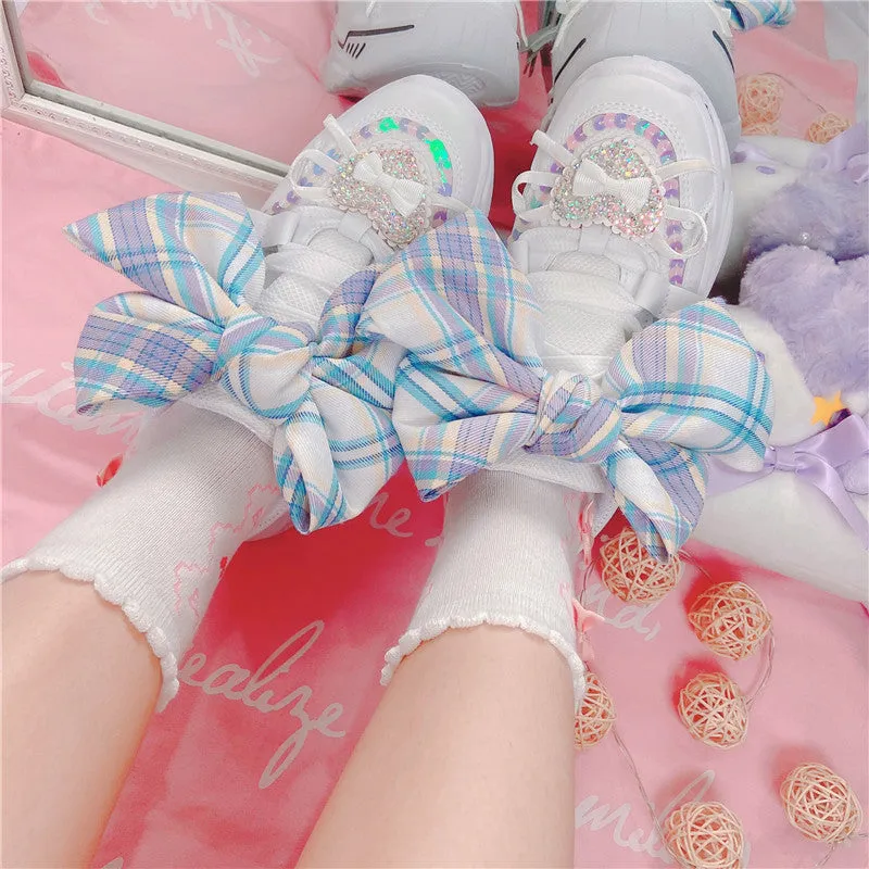 Lolita Plaid Bowknot Sweet Girly Style Thick-soled Casual Sports Shoes Breathable Flat Platform Shoes kawaii shoes loli cosplay