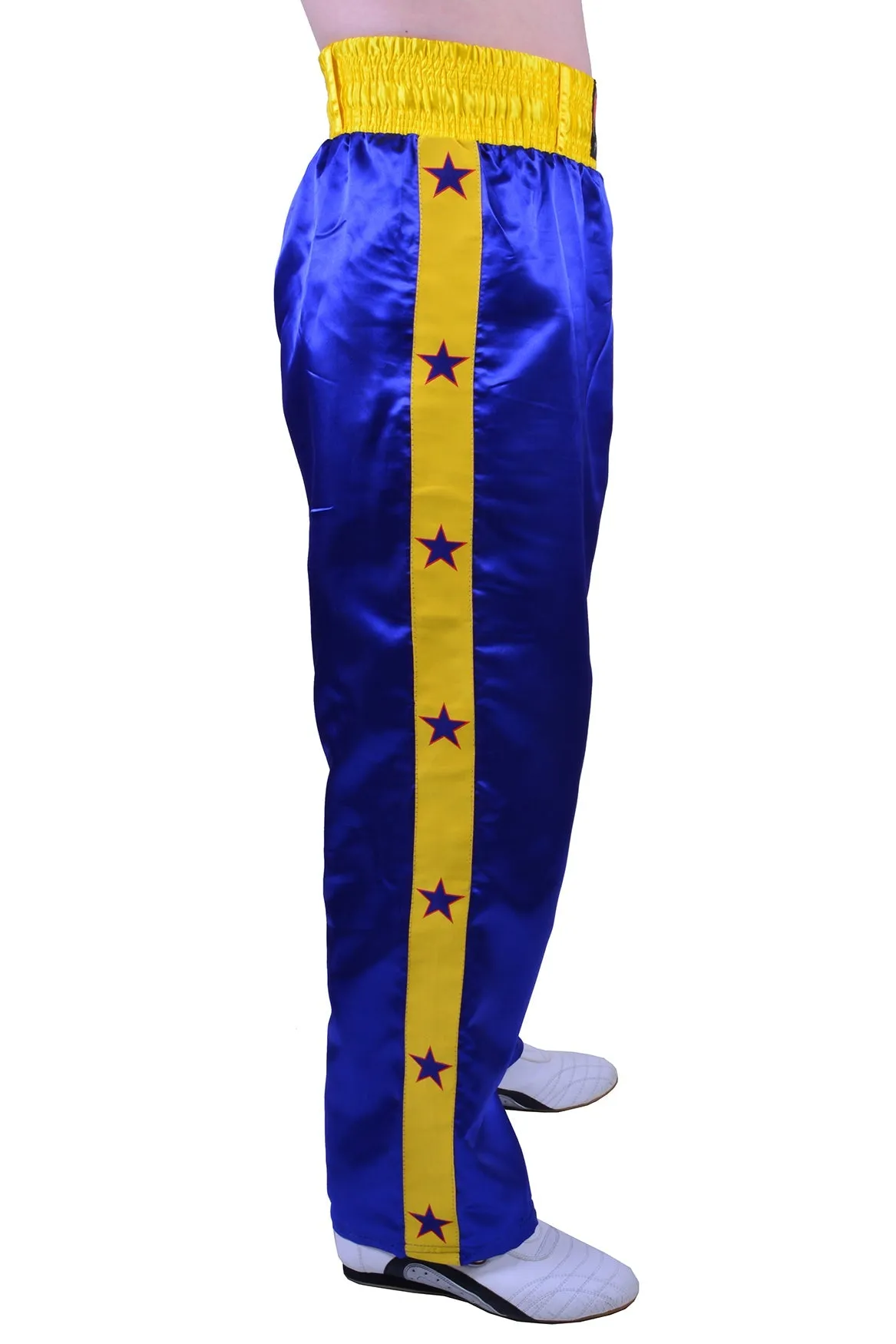 MAR-087C | Blue & Yellow Kickboxing Trousers w/ Embroidered Writing