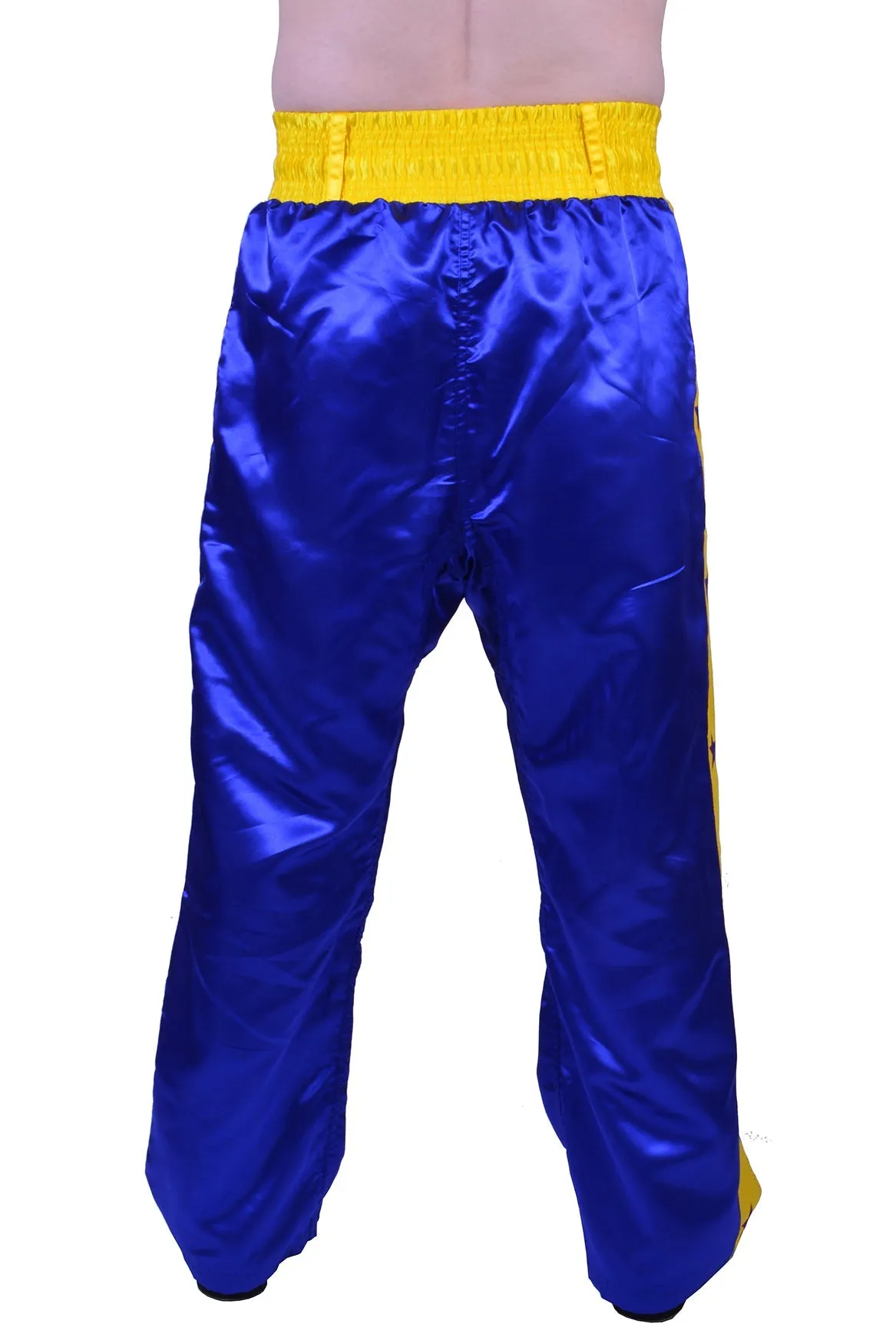 MAR-087C | Blue & Yellow Kickboxing Trousers w/ Embroidered Writing