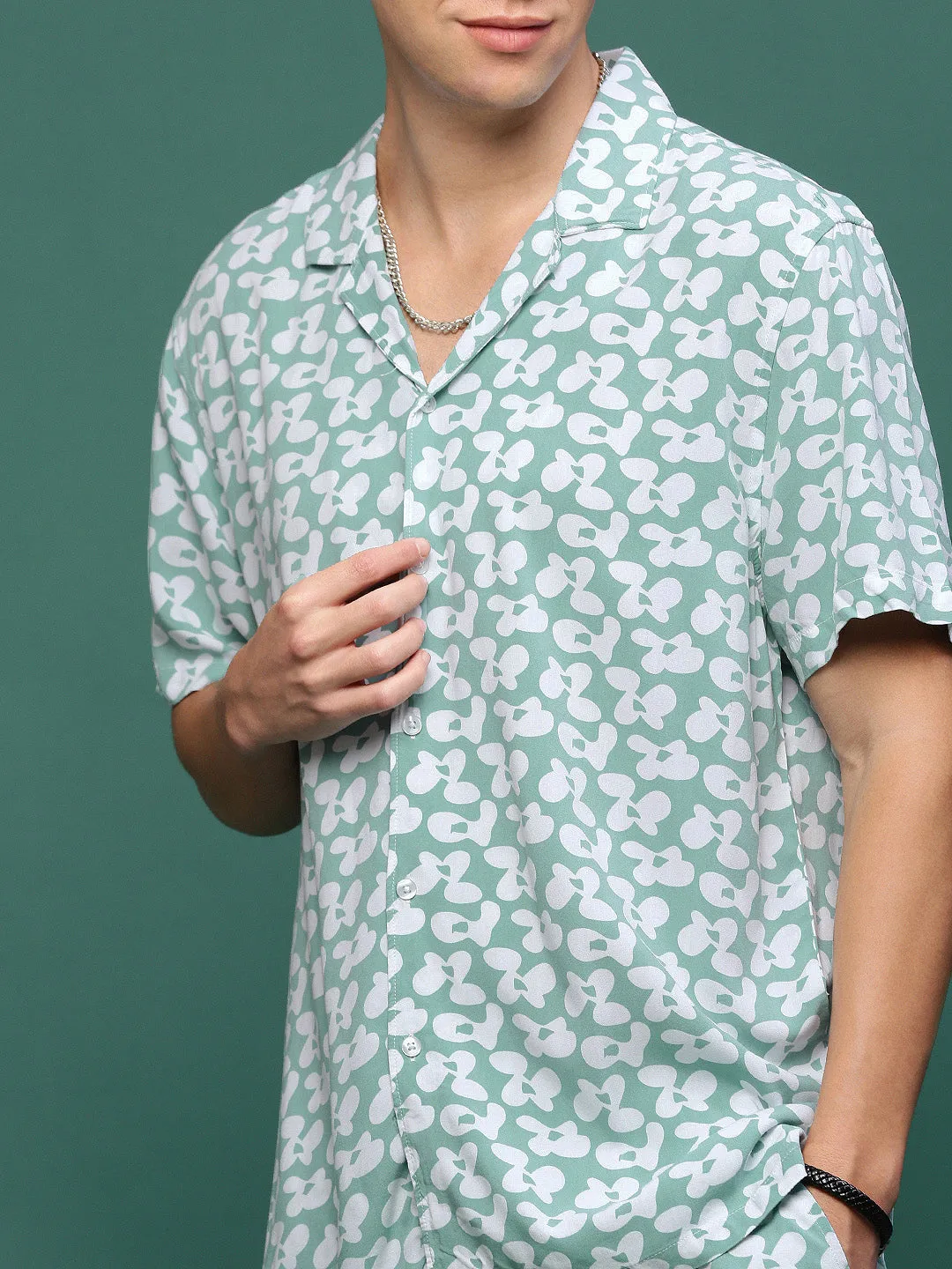 Men Sea Green Cuban Collar Printed Co Ords Set