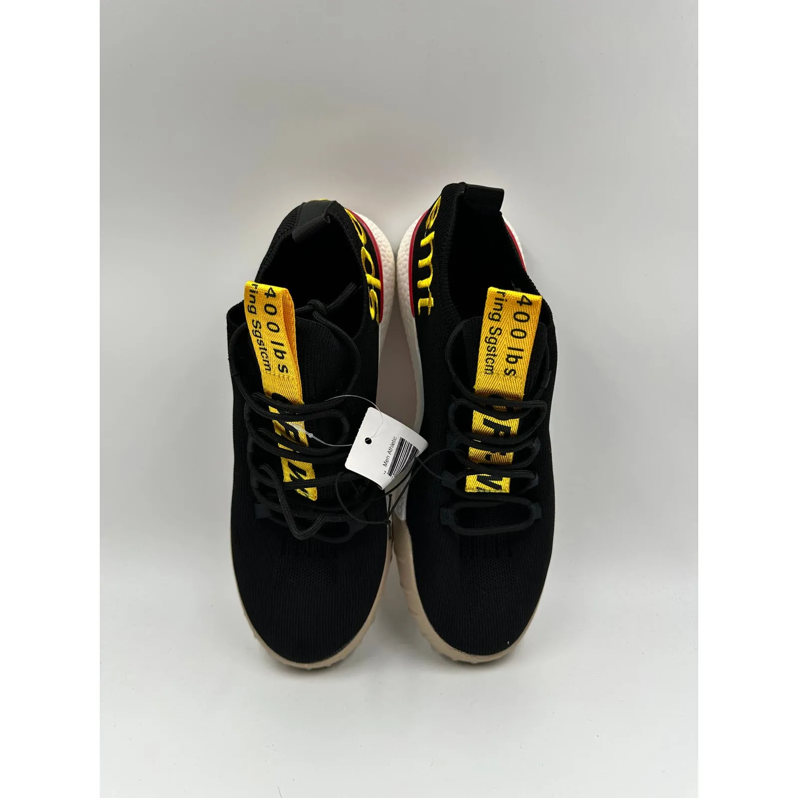 Men's Size 8.5, Black Knit Top Sneakers with Yellow and Red Accents