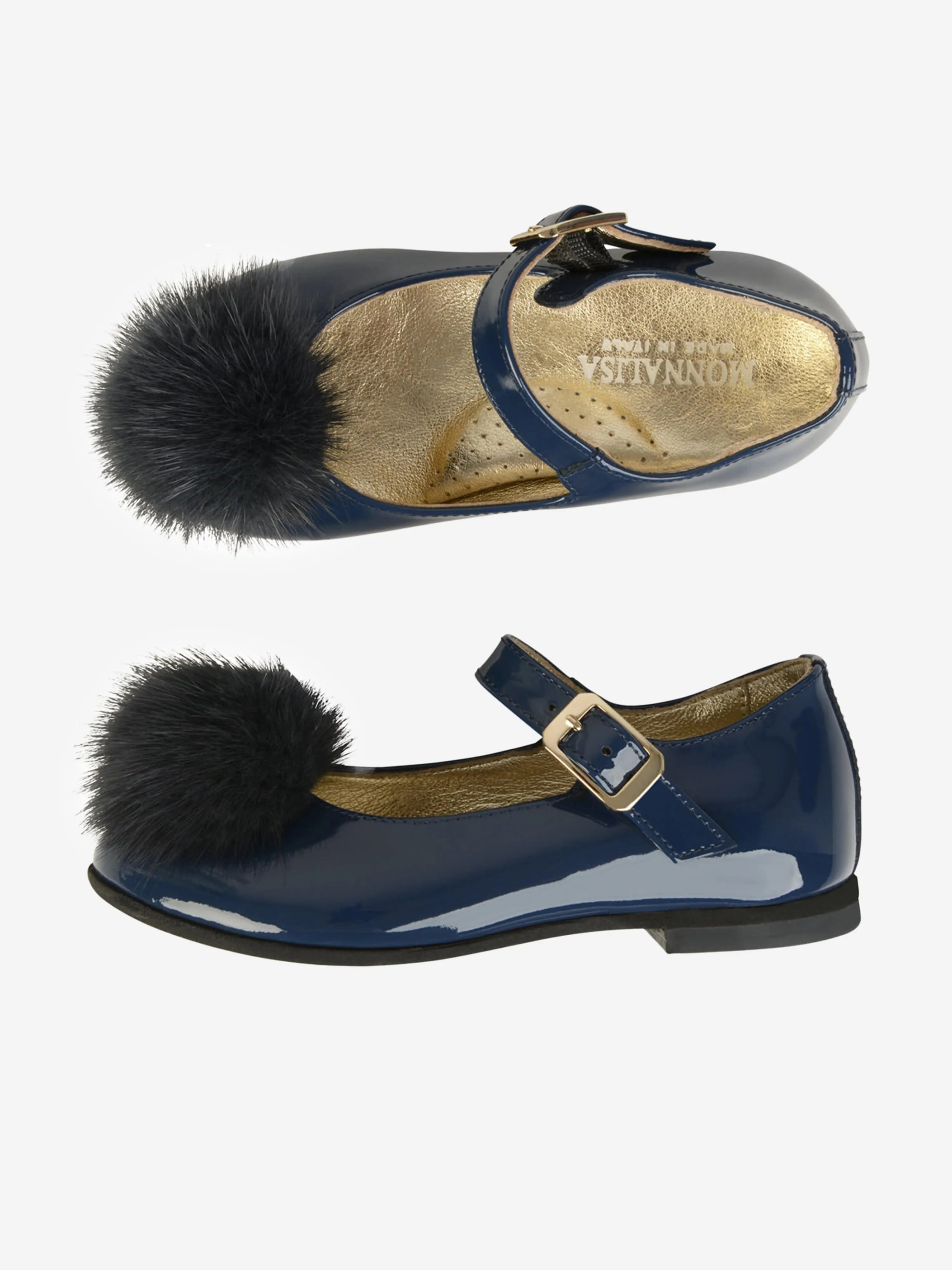 Monnalisa Patent Leather Shoes With Fur Pom Pom