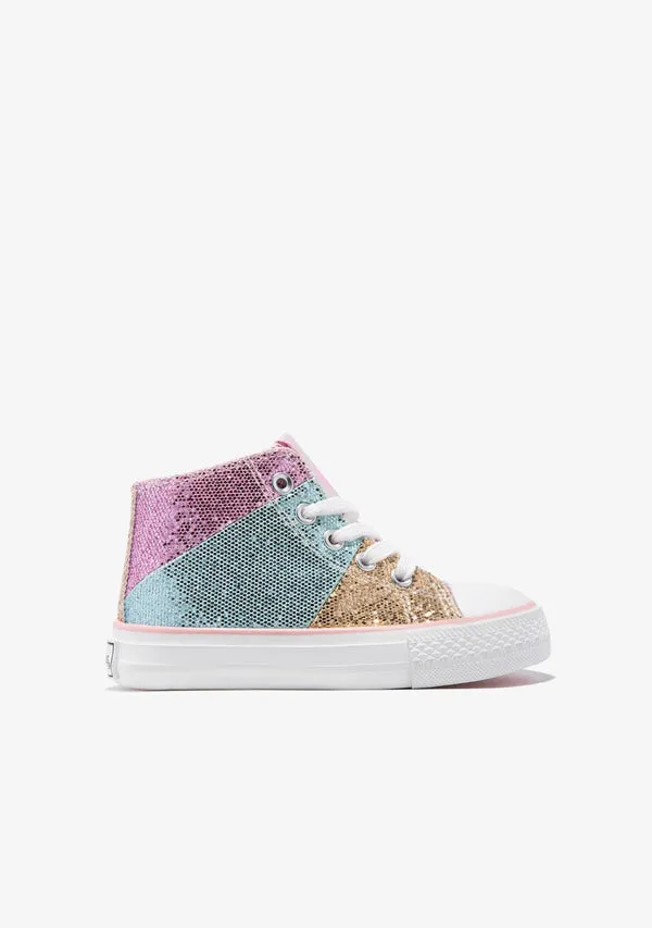 Multicolor patchwork glitter high top sneakers