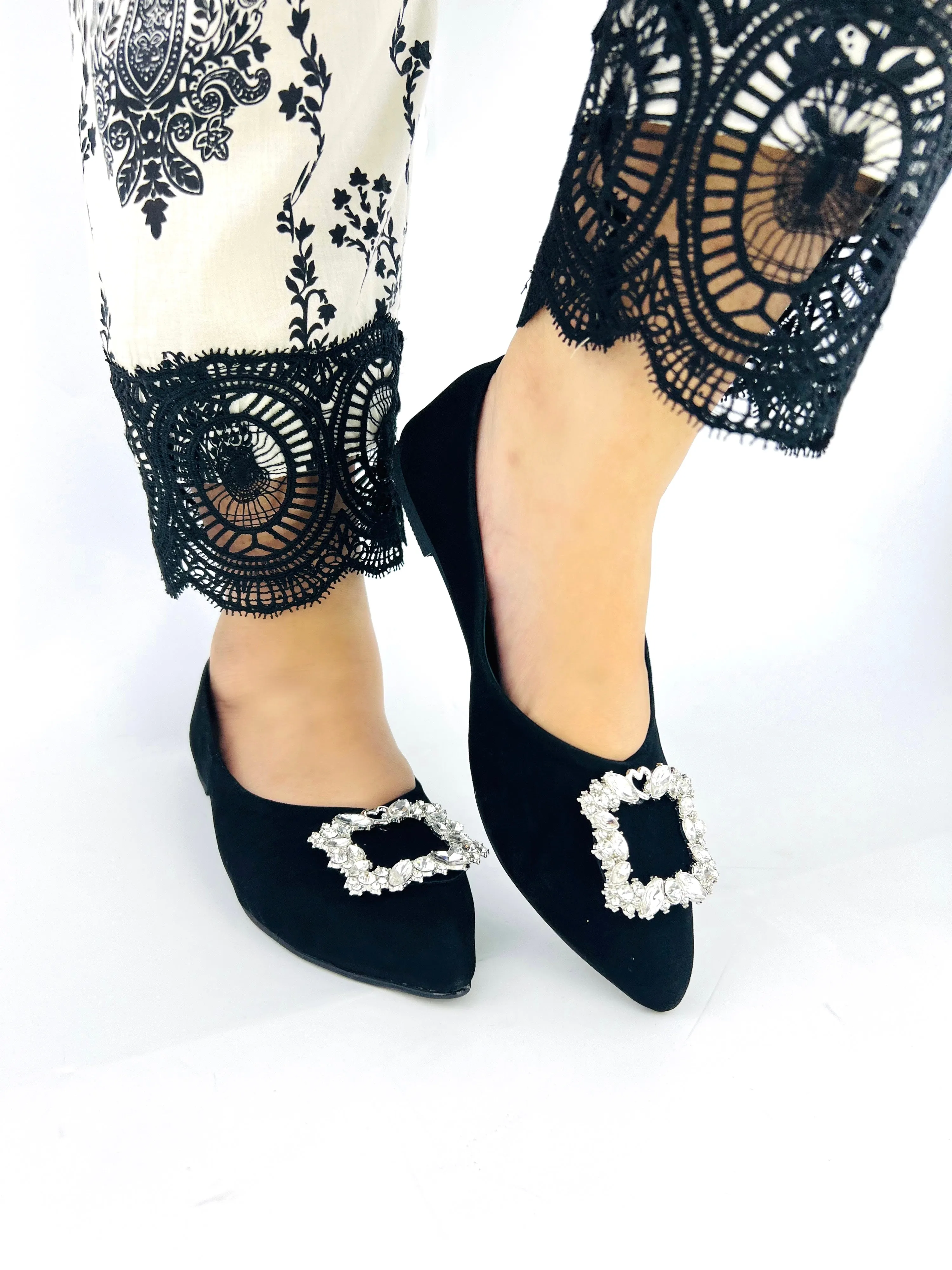 Myla Black Rhinestone Decor Point Toe Flat Shoes