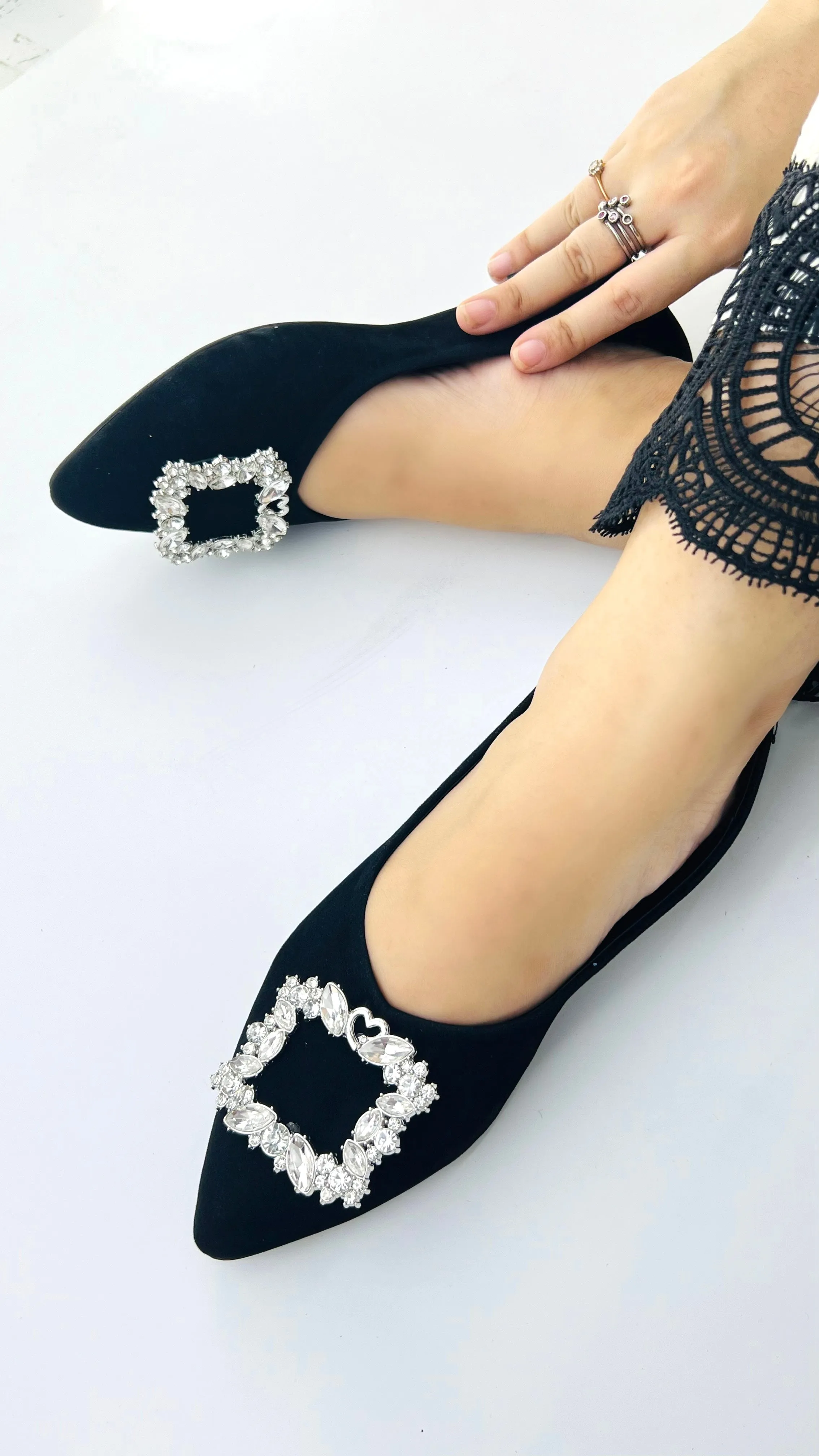 Myla Black Rhinestone Decor Point Toe Flat Shoes