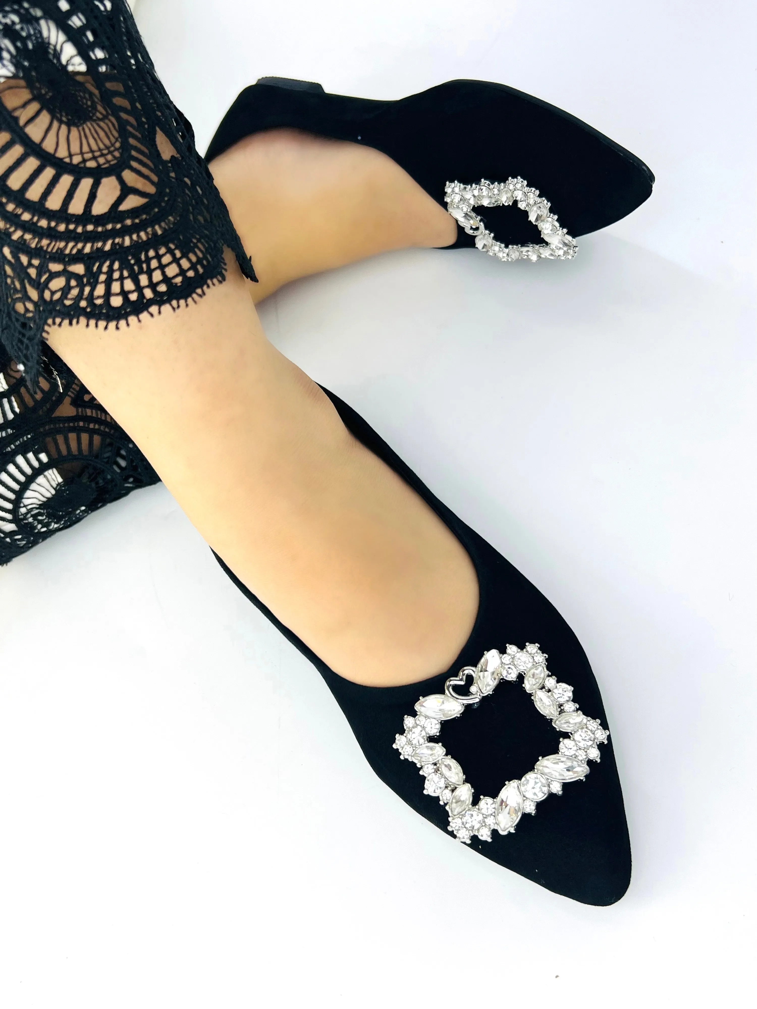 Myla Black Rhinestone Decor Point Toe Flat Shoes