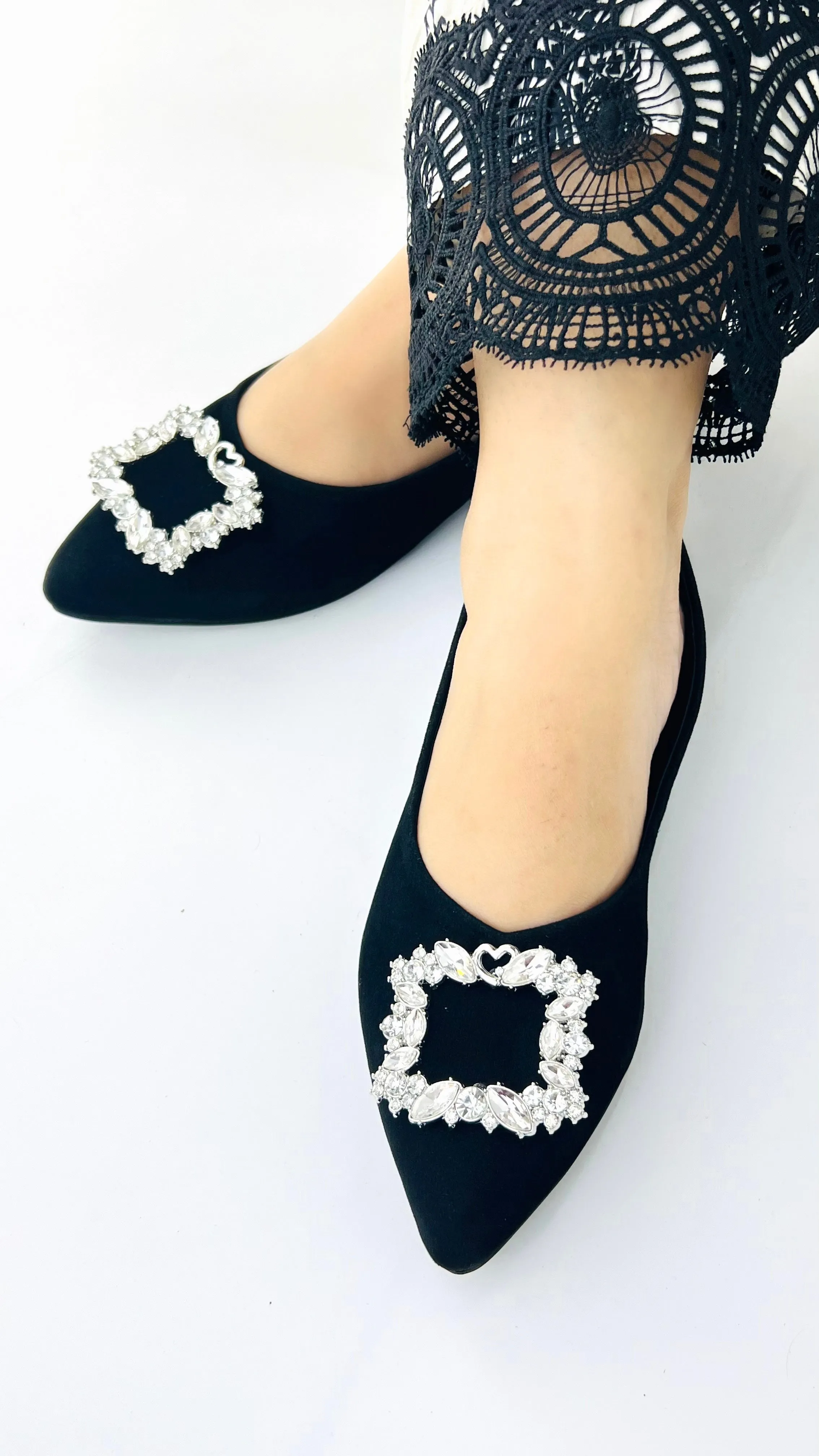 Myla Black Rhinestone Decor Point Toe Flat Shoes