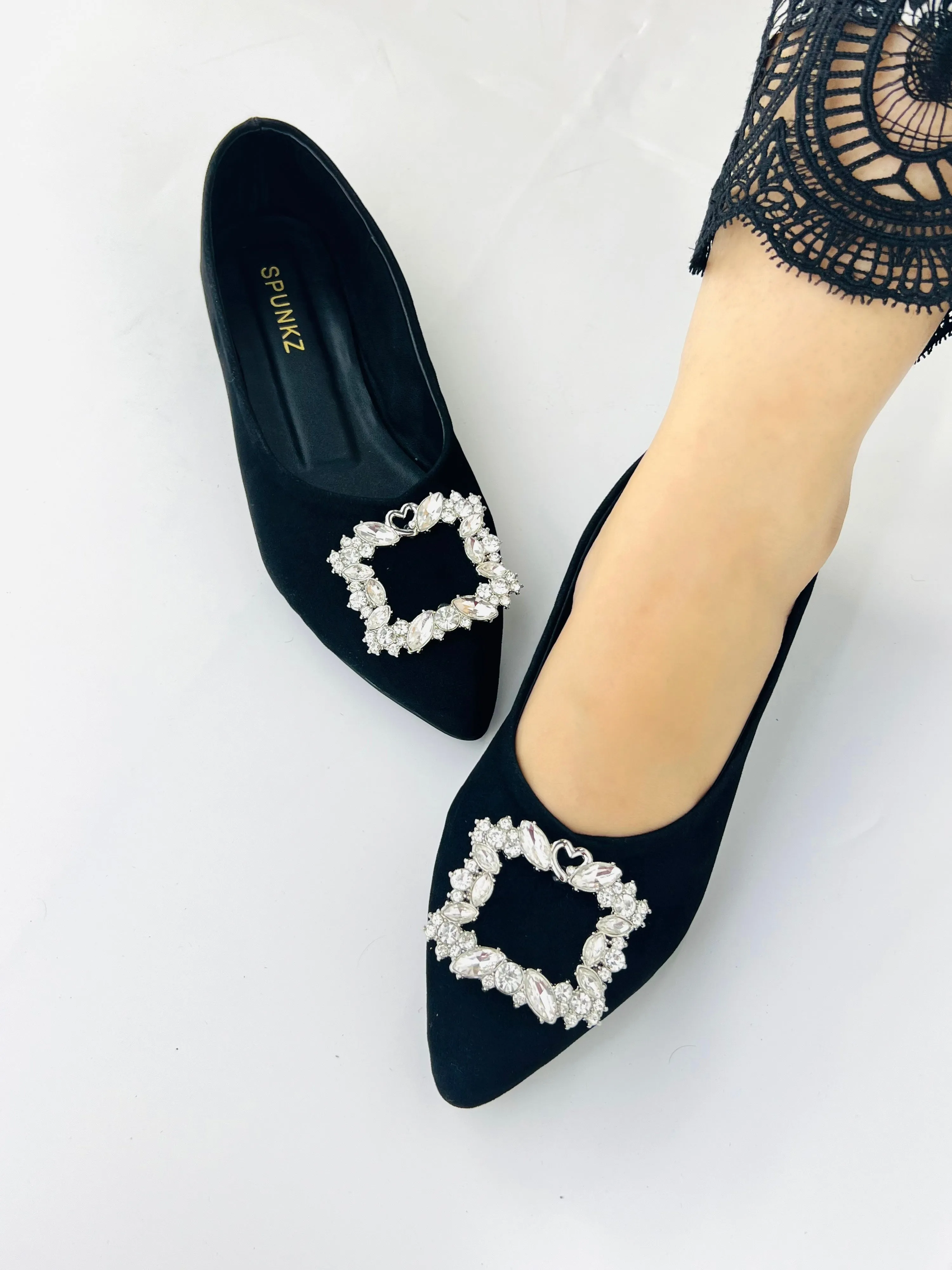 Myla Black Rhinestone Decor Point Toe Flat Shoes