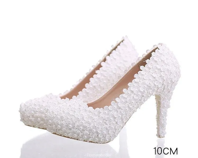 Pearls Lace Pointed Toe White High Heels Wedding Bridal Shoes, S016