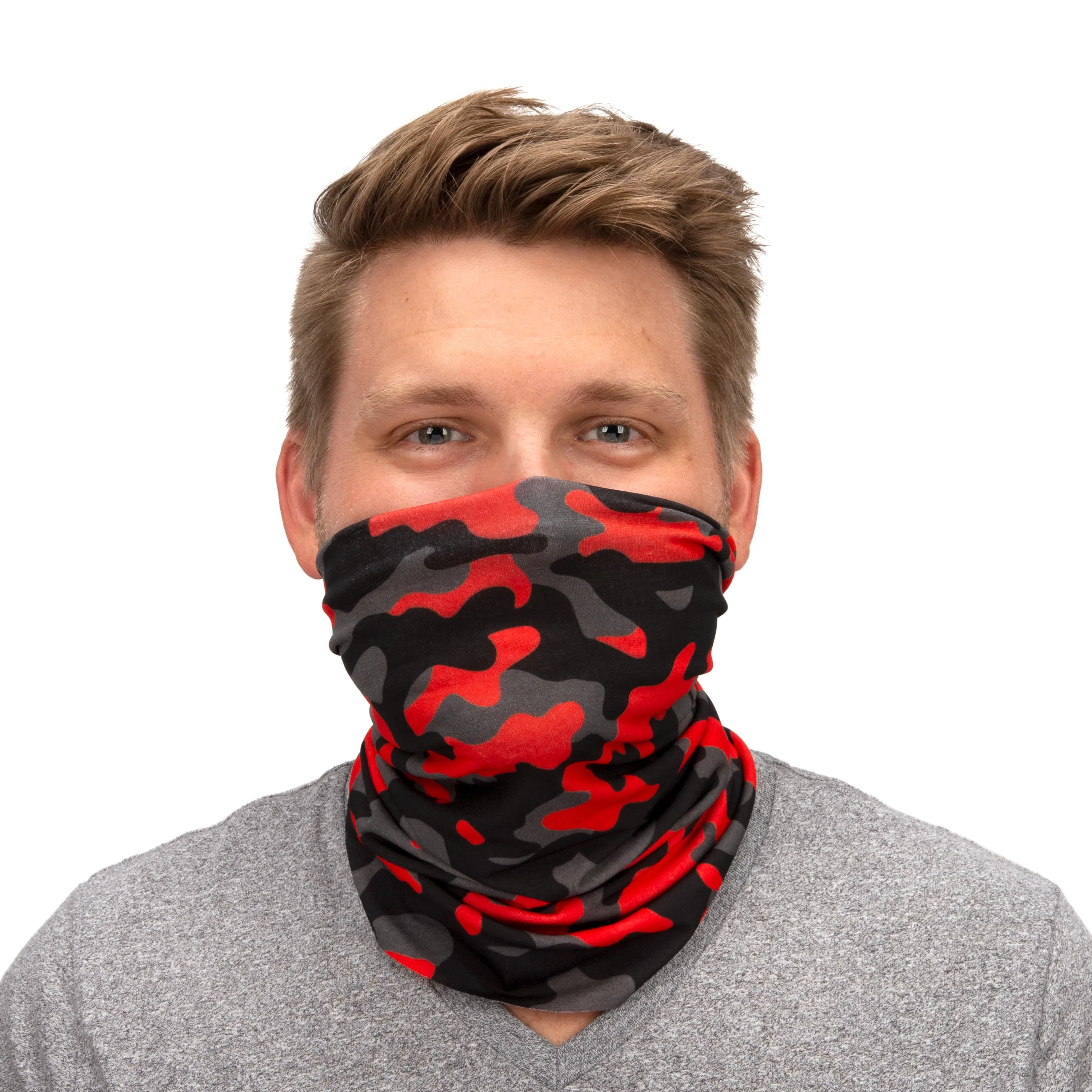 Protective Neck Gaiter and Particulate Filtering Face Cover in Red / Grey / Black Camo