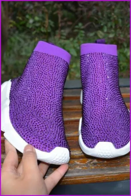 Purple Rhinestone Crystal Sock Boots Sneakers F175