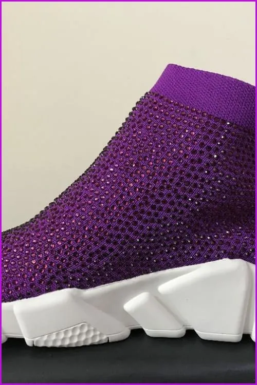 Purple Rhinestone Crystal Sock Boots Sneakers F175