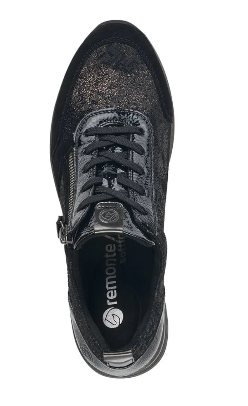 Remonte D2401-02 Rea Black Wedge Comb Leather Lace-Up Trainers