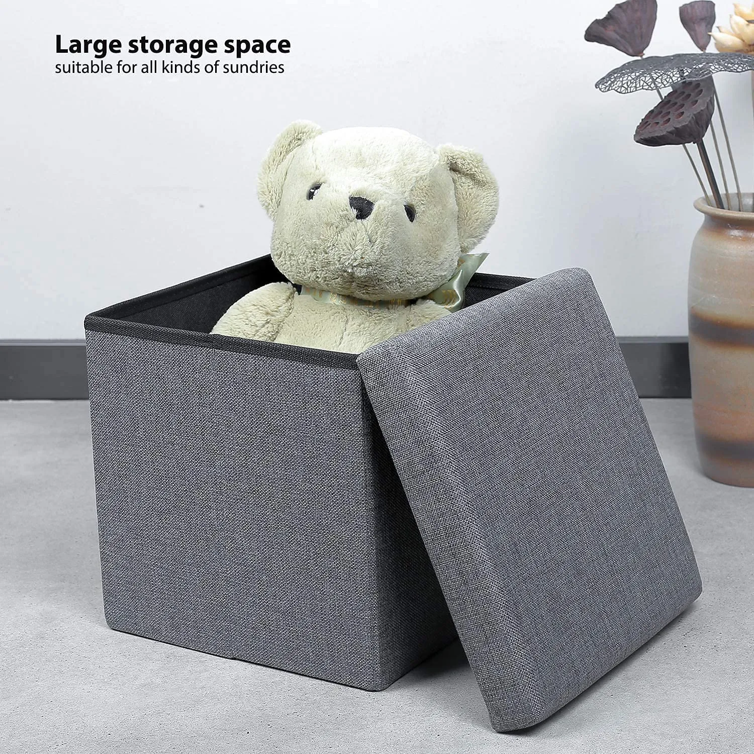 Shopiable Store Storage Small Ottoman Foldable Rectangle Coffee Table Multipurpose Foot Rest Short Children Sofa Stool, Linen Fabric Ottomans Bench Foot Rest for Bedroom(Dark Grey)