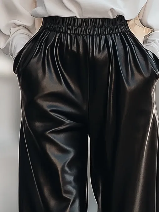 Versatile Elastic Waist Eco-Friendly Leather Black Wide-Leg Trousers