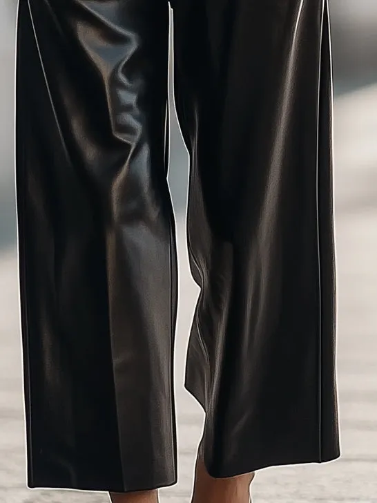 Versatile Elastic Waist Eco-Friendly Leather Black Wide-Leg Trousers