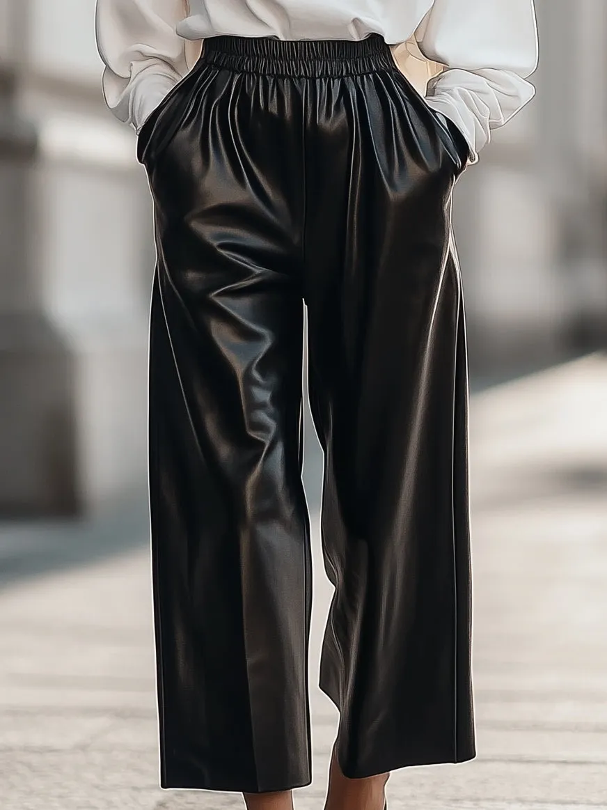 Versatile Elastic Waist Eco-Friendly Leather Black Wide-Leg Trousers