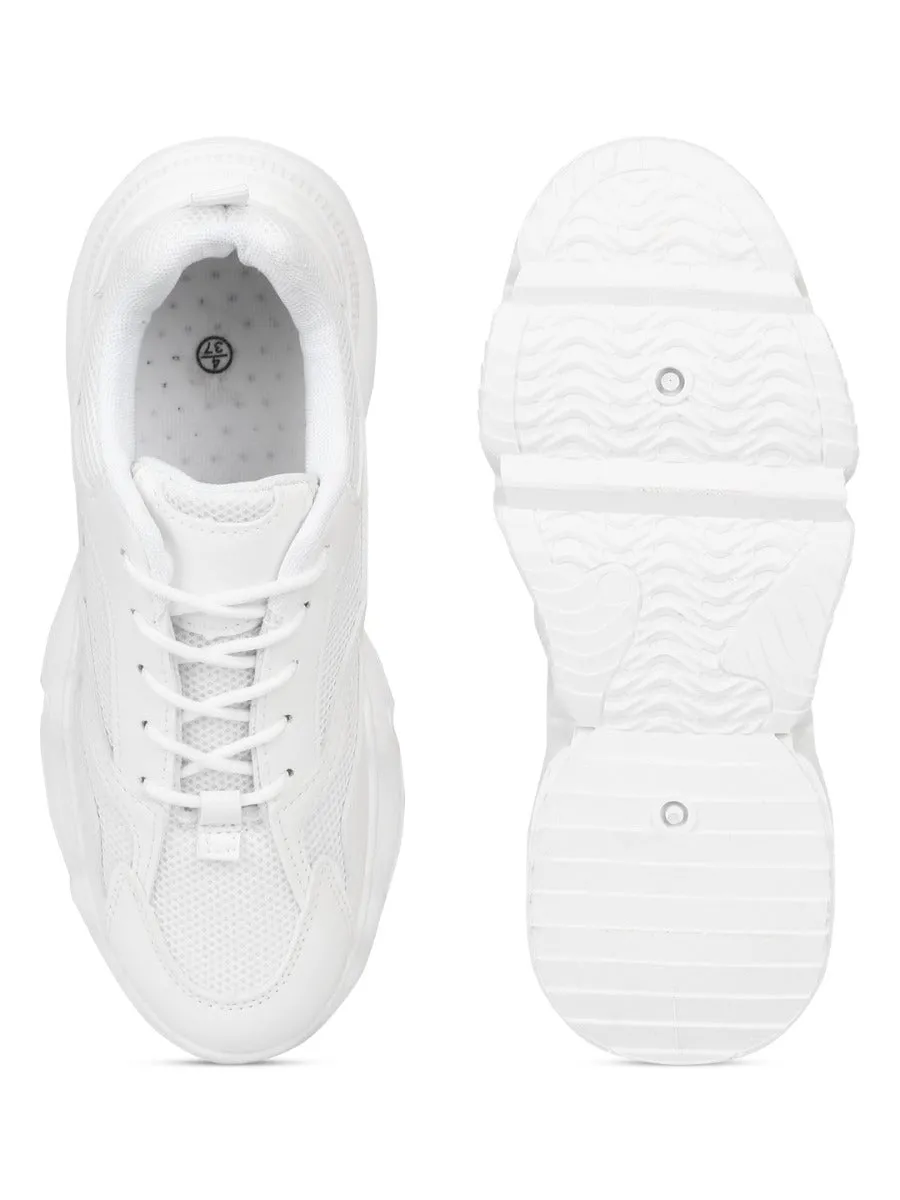 White PU Lace-Up Chunky Sneakers With Cleated Sole