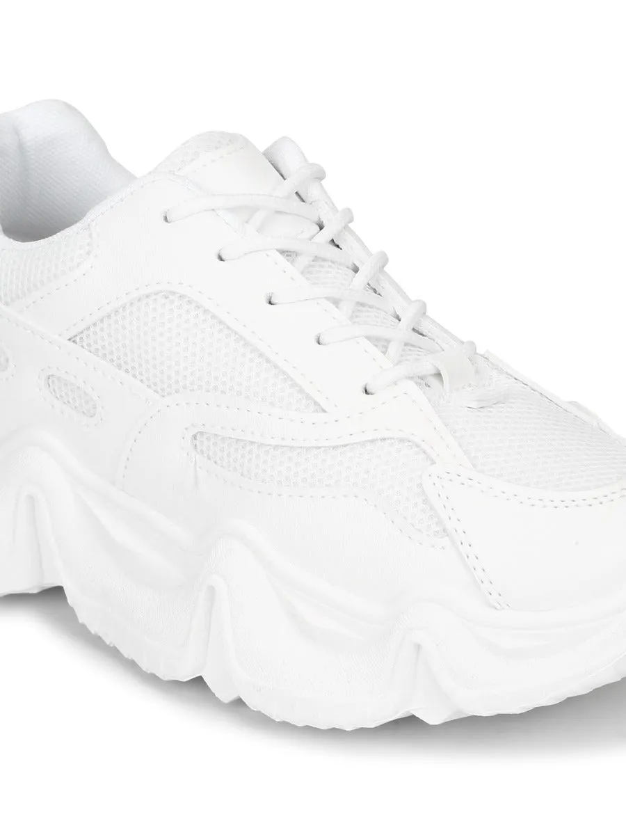 White PU Lace-Up Chunky Sneakers With Cleated Sole