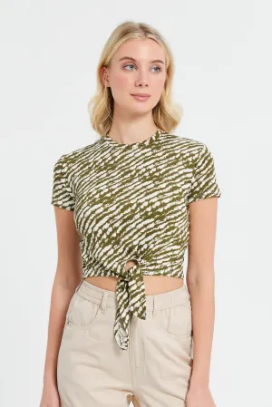 Woman Olive And Beige Printed Rib Top