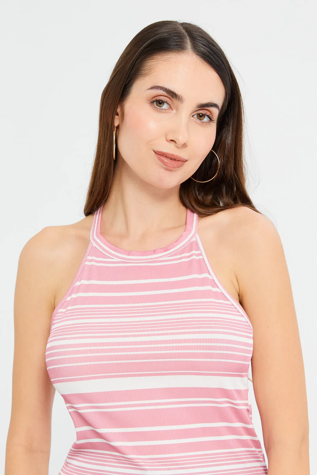 Woman Pink And White Striped Top