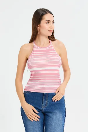 Woman Pink And White Striped Top