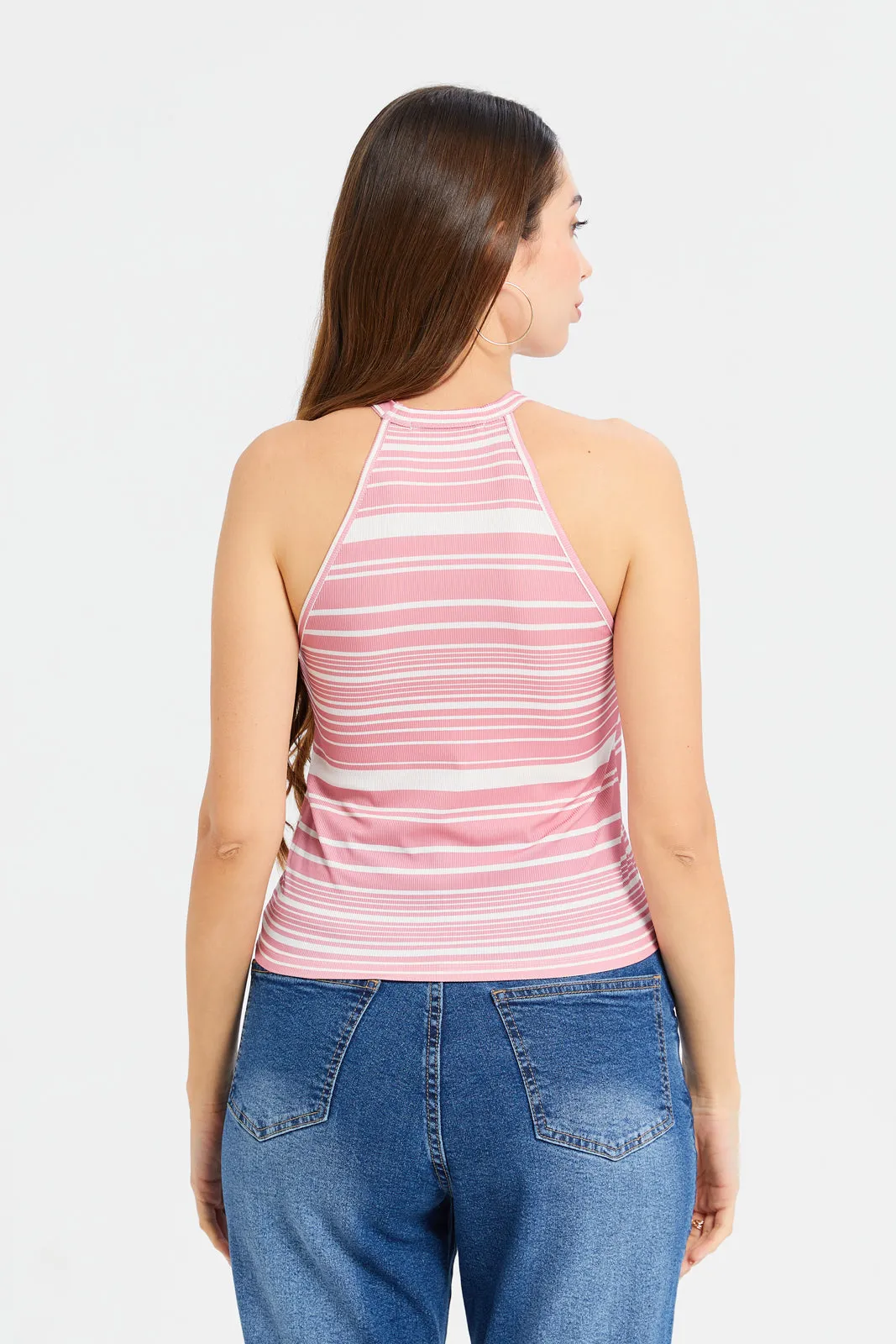 Woman Pink And White Striped Top