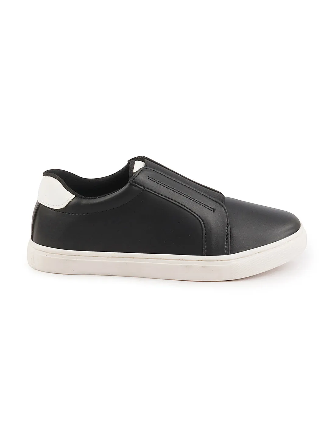 Women Black Elastic Closure Stitched Comfort Slip On Sneaker Shoes