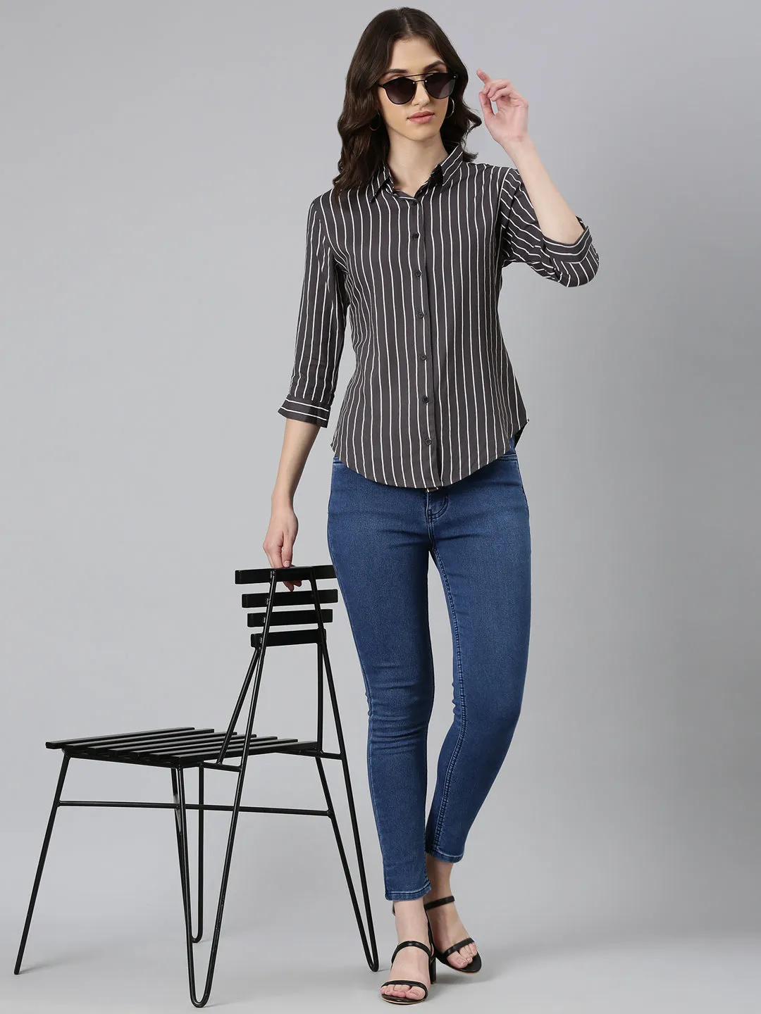 Women Grey Striped Shirt