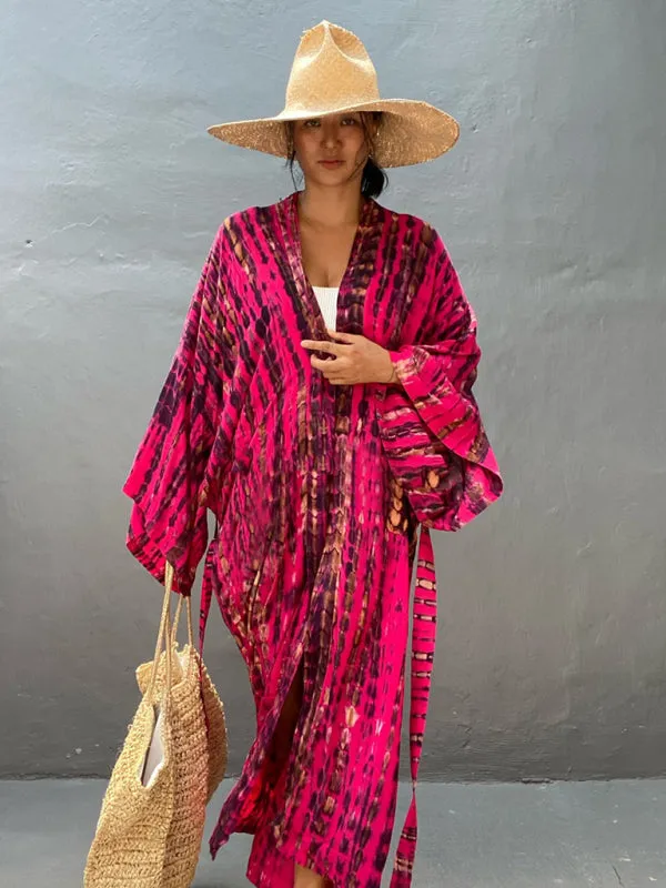 Women's Floor Length Bohemian Beach Cover Up With Tie Belt