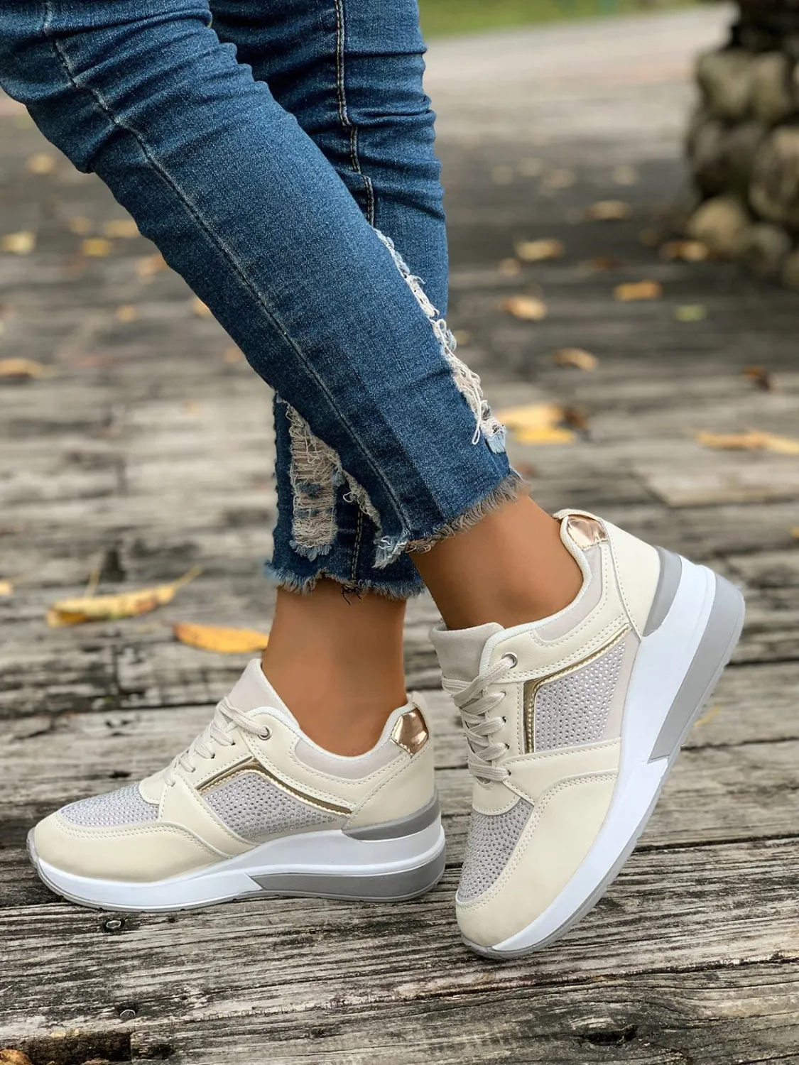 Women's Lace-Up Rhinestone Wedge Sneakers